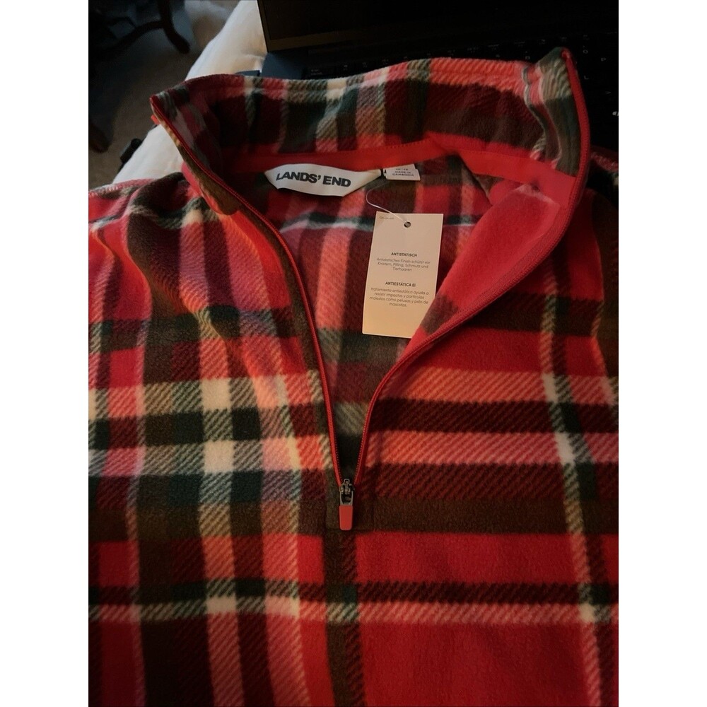 Lands' End Womens 1/4 Zip Fleece Jacket Med Red Holiday Plaid High Neck Soft NWT